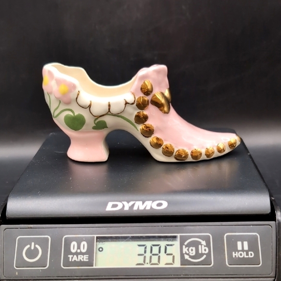 Vintage Porcelain Pink Glazed Pump / Shoe - Floral Decoration Gold Tone Accents - Picture 12 of 13